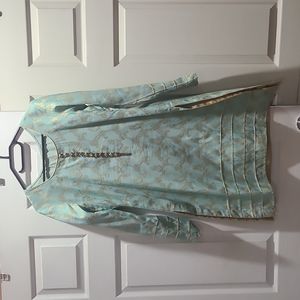 Women's Long Sleeve Embroidered Tunic Dress - Light Aqua with Gold